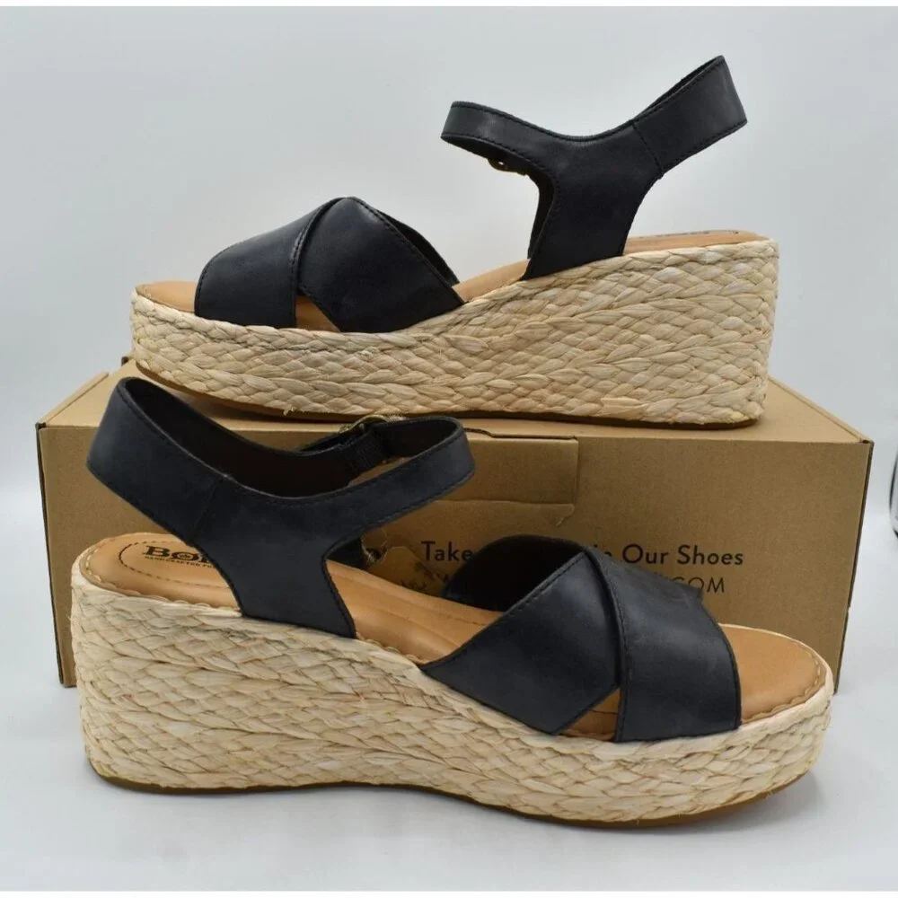 Born Women 10 Moriah Black Full Grain Leather Espadrilles Platform Wedge Sandals